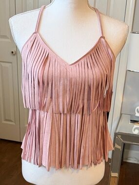 Moa Moa Dusty Pink Fringe Spaghetti Strap Faux Suede Top Small ❤️